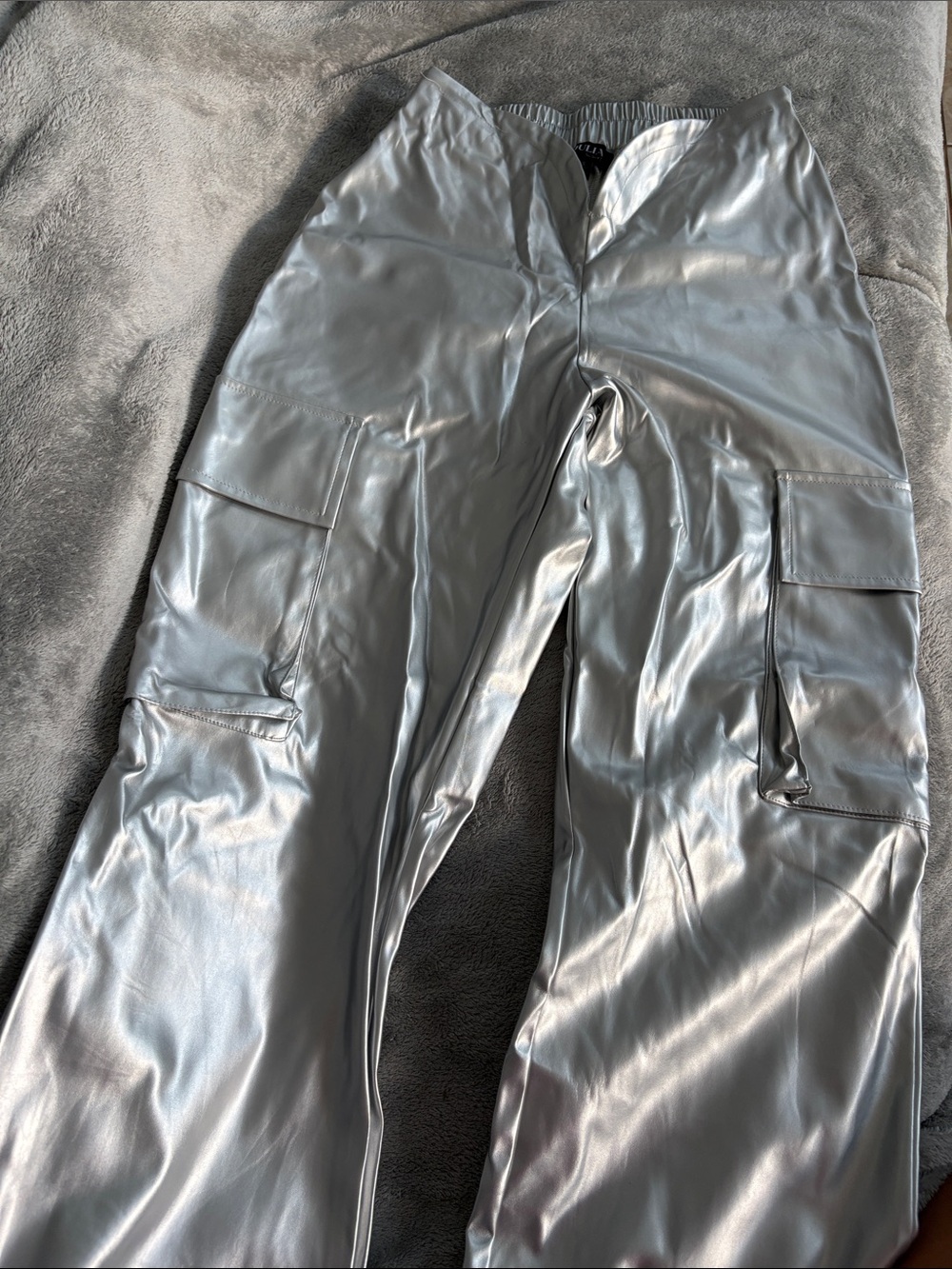 Women's Metallic Silver Cargo Jumpsuit-Style Pants